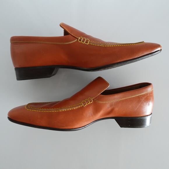 Louis Vuitton Tan Brown Orange Leather LV Gold Plaque Logo Square Toe Loafers - Picture 6 of 16